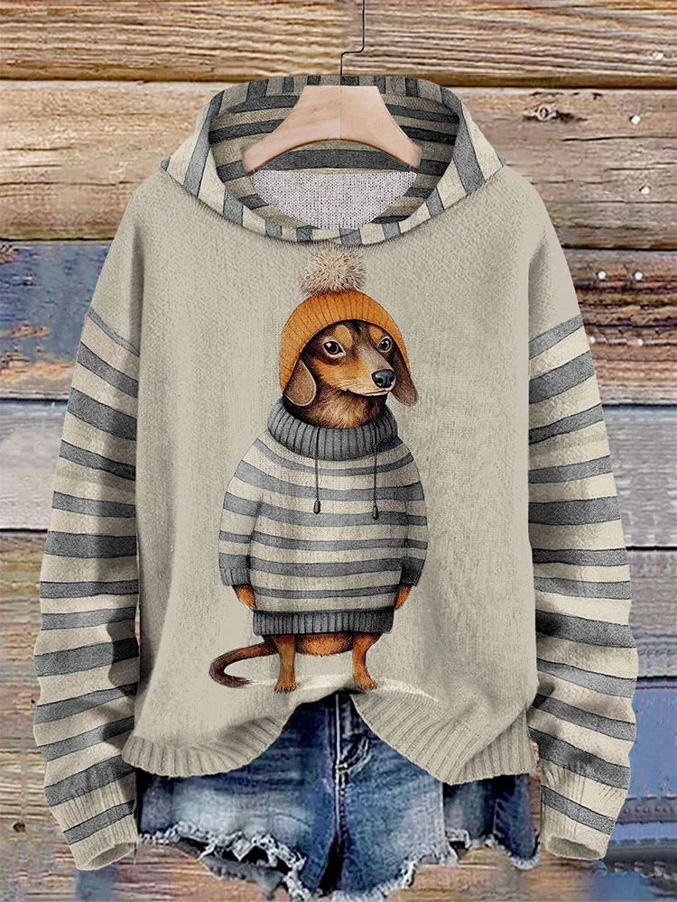 Cómoda sudadera con capucha para mujer: estampado de perro, suave y cálida para el invierno