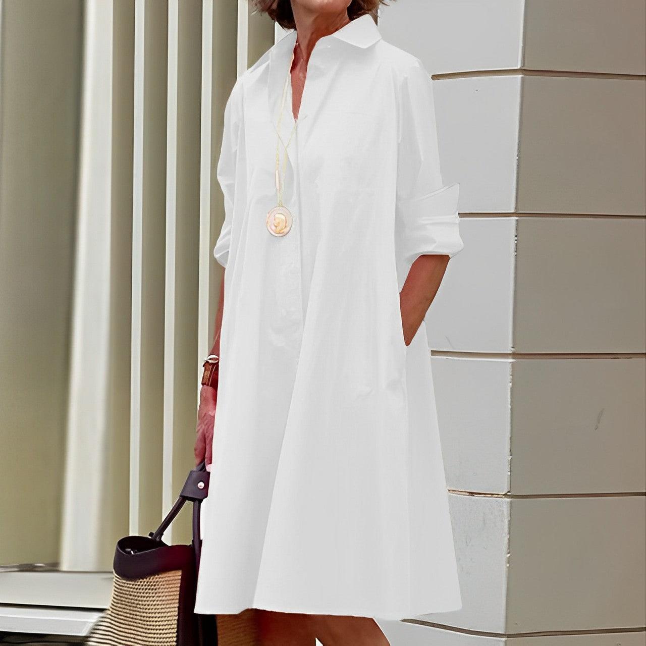 Chela | Vestido moderno con cuello vuelto y camisa de lino de manga tres cuartos y escote en pico