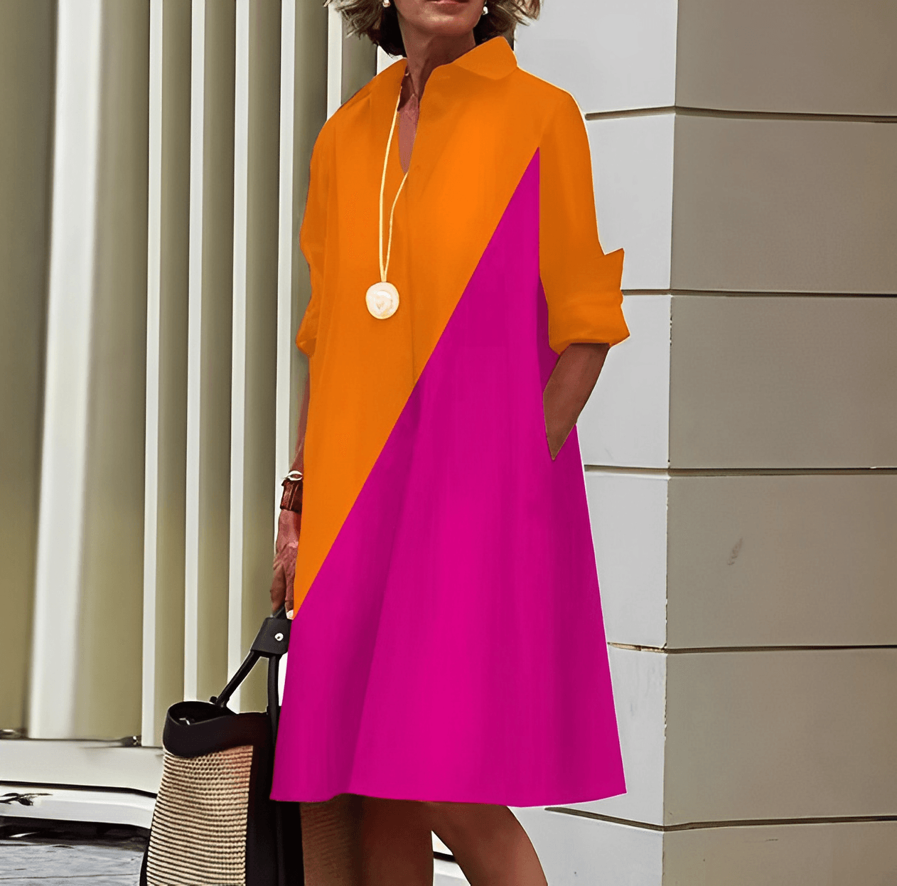 Chela | Vestido moderno con cuello vuelto y camisa de lino de manga tres cuartos y escote en pico