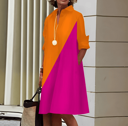 Chela | Vestido moderno con cuello vuelto y camisa de lino de manga tres cuartos y escote en pico