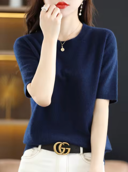 Jersey de manga corta para mujer: mezcla de lana y cachemira, elegante y cómodo
