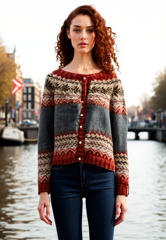 Cárdigan gris y rojo para mujer: estilo noruego y cómodo