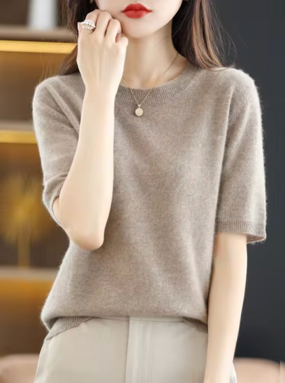 Jersey de manga corta para mujer: mezcla de lana y cachemira, elegante y cómodo