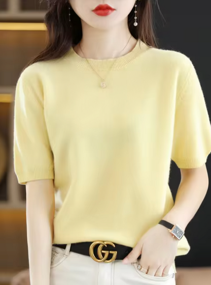 Jersey de manga corta para mujer: mezcla de lana y cachemira, elegante y cómodo