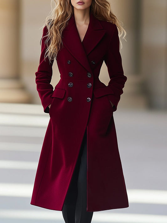 Elegante abrigo de mujer: largo, color burdeos y doble botonadura con cuello con solapa