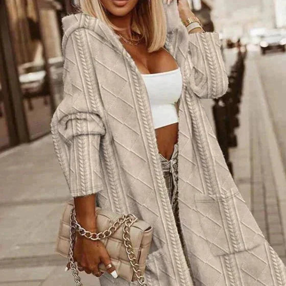 Chaqueta tejida larga femenina con capucha elegante y moderna