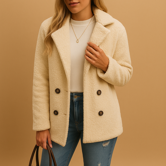 Korte winterjas voor dames met knoopsluiting en getailleerd silhouet. Stijlvol, comfortabel en ideaal voor milde winterdagen en seizoenslayering.