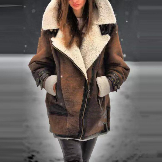 Chaqueta de cuero marrón para mujer, estilo aviador con forro polar cálido