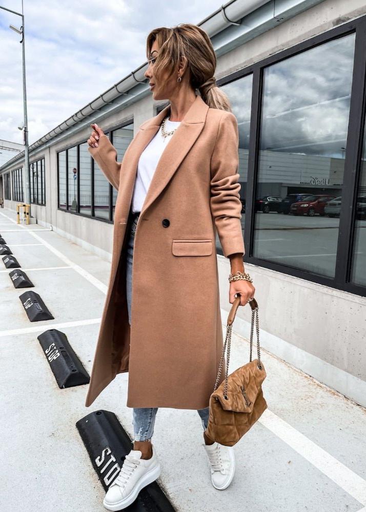 Chaqueta de invierno cálida para mujer: chaqueta larga de lana clásica y elegante
