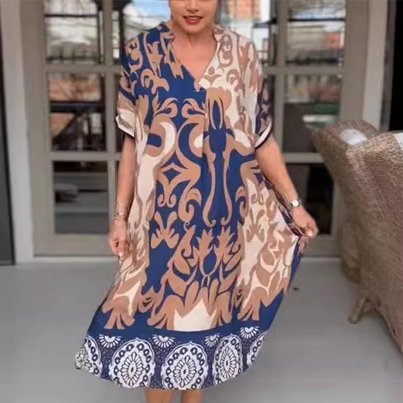 Amirah | Vestido midi estampado con cuello de pico y holgado