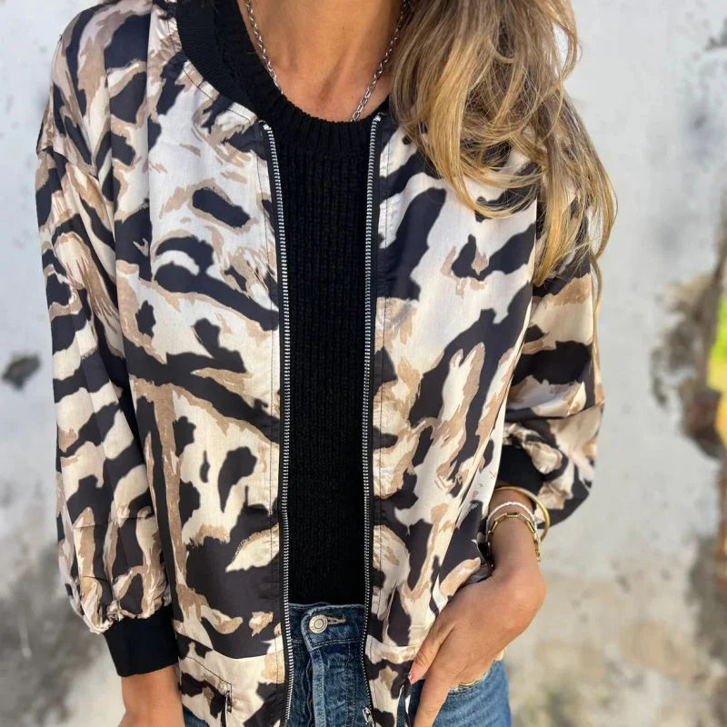 Chaqueta Mujer – Bomber con Cremallera, Estilo Animal Print y Urbano
