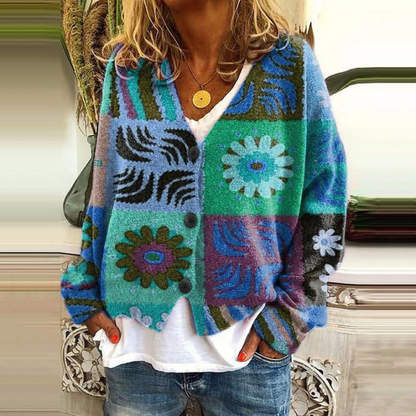 Chaqueta de punto para mujer con botones – Diseño floral y cómoda