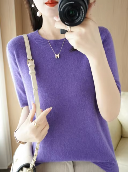 Jersey de manga corta para mujer: mezcla de lana y cachemira, elegante y cómodo