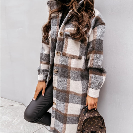 Chaqueta camisa mujer larga a cuadros elegante y cómoda otoño