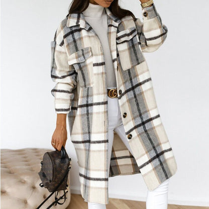 Chaqueta camisa mujer larga a cuadros elegante y cómoda otoño