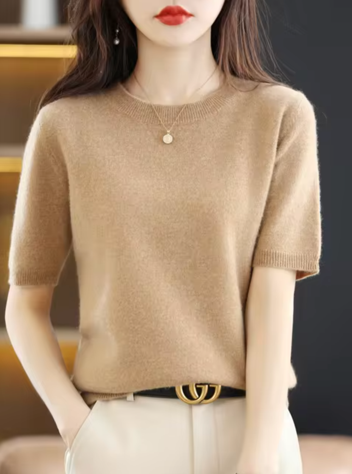 Jersey de manga corta para mujer: mezcla de lana y cachemira, elegante y cómodo